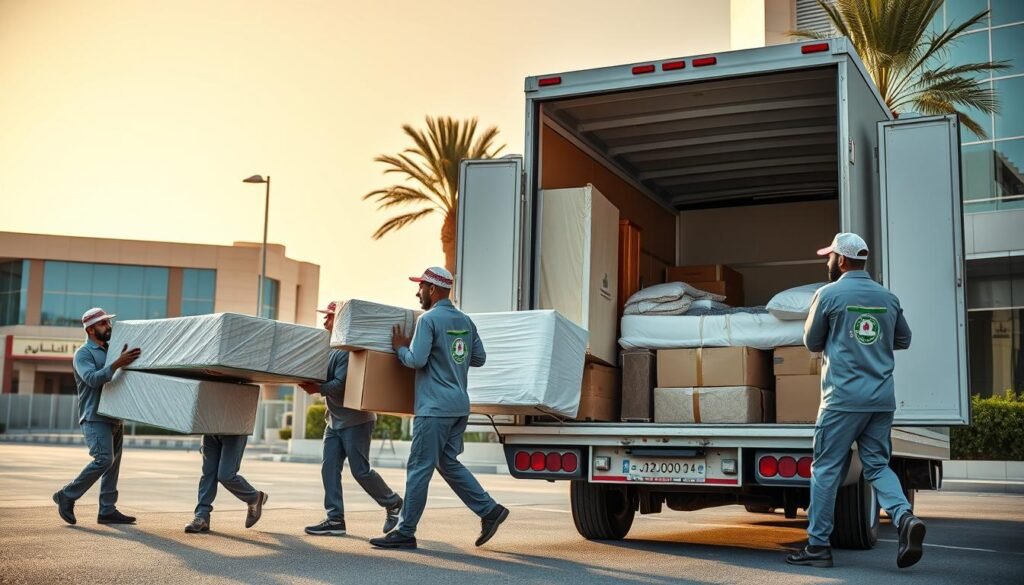 A bustling scene of professional furniture movers diligently transporting a variety of household items in Jazan, Saudi Arabia. The workers, clad in uniforms, expertly navigate through the city streets, maneuvering heavy sofas, cabinets, and mattresses with coordinated teamwork. The warm, golden-hued lighting casts a welcoming glow, and the background features a blend of modern buildings and traditional architecture, reflecting the unique character of Jazan. The overall atmosphere conveys the reliable and efficient service of a premier furniture moving company, catering to the needs of the local community.